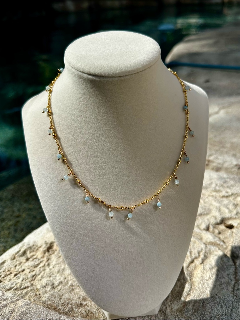 Gold Chain Necklace with White Aigue-marine Drop Beads - Women Jewelry